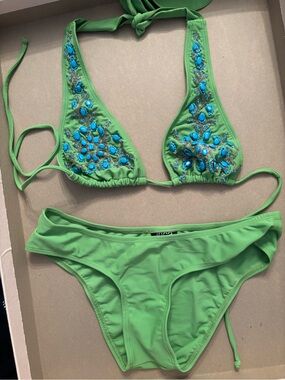 INCA  Lime Green Bikini with Turquoise Bead Detail